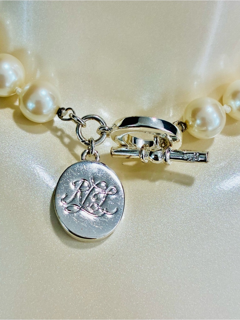 Lauren Ralph Lauren Cream Pearl Necklace with Silver Toggle Monogrammed Charm